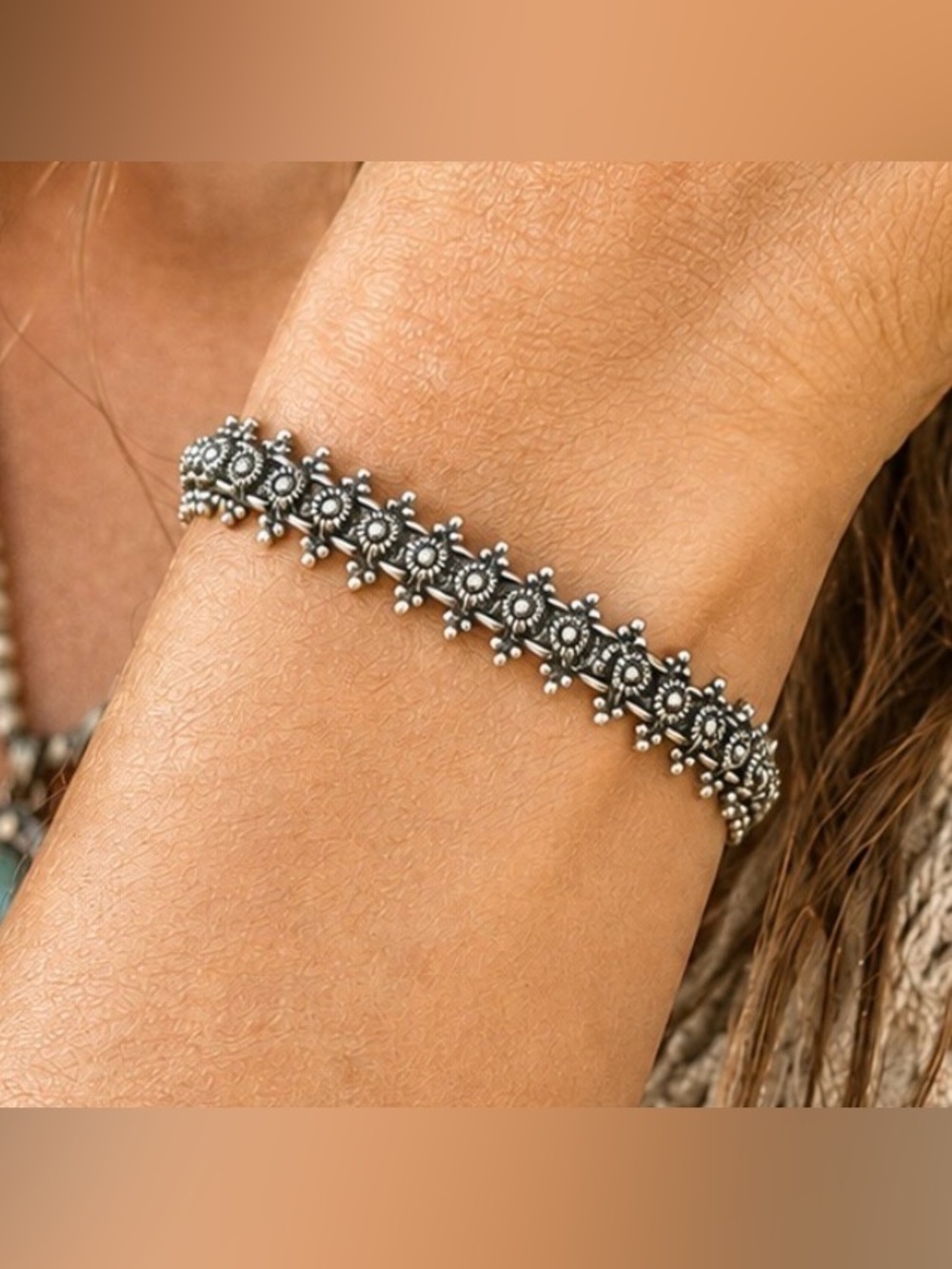 Vintage 925 Sterling Silver Balinese Granulated Floral Link Toggle Bracelet